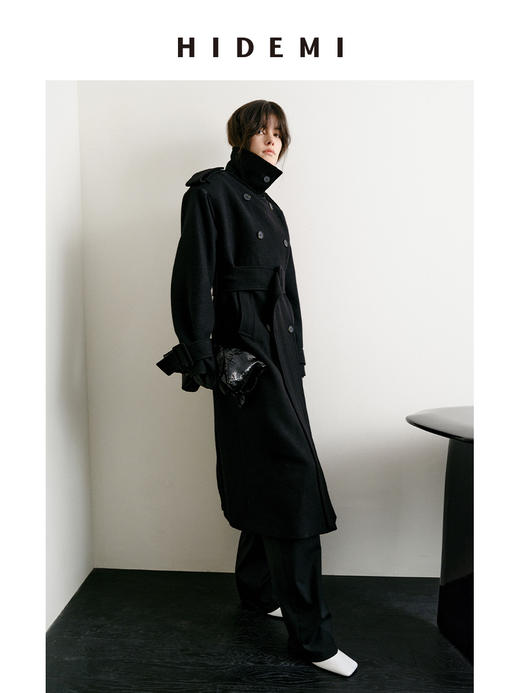 HIDEMI 节日系列进口羊麂皮拼接领极简设计感肩章宽肩大廓形可拆卸粗腰带军装感长款大衣 商品图5