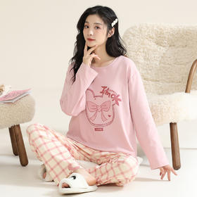 洁丽雅棉质女士大码圆领家居服个性印花舒适亲肤长袖长裤套装