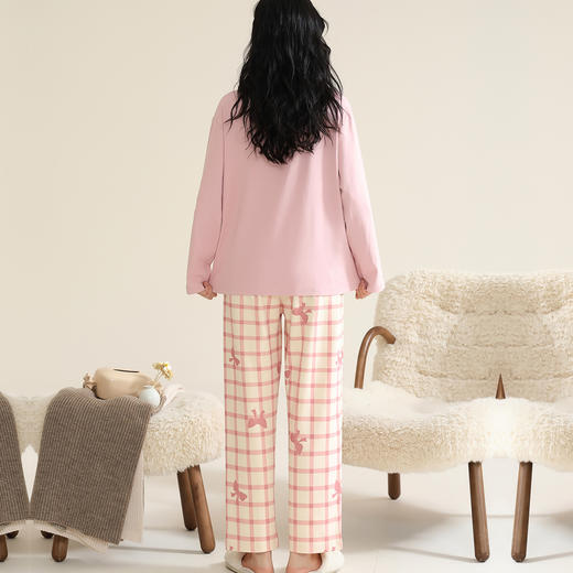 洁丽雅棉质女士大码圆领家居服个性印花舒适亲肤长袖长裤套装 商品图3