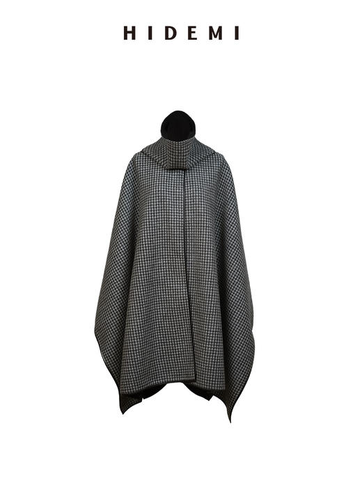 HIDEMI 节日系列进口双面双色色织格纹羊毛毛呢可拆卸分体脖套皮边设计感两面穿斗篷大衣 商品图9