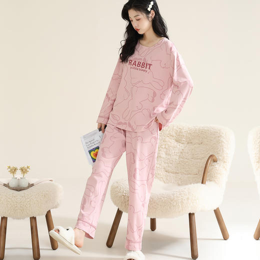 洁丽雅棉质女士大码家居服套装个性印花舒适亲肤长袖长裤套装 商品图2