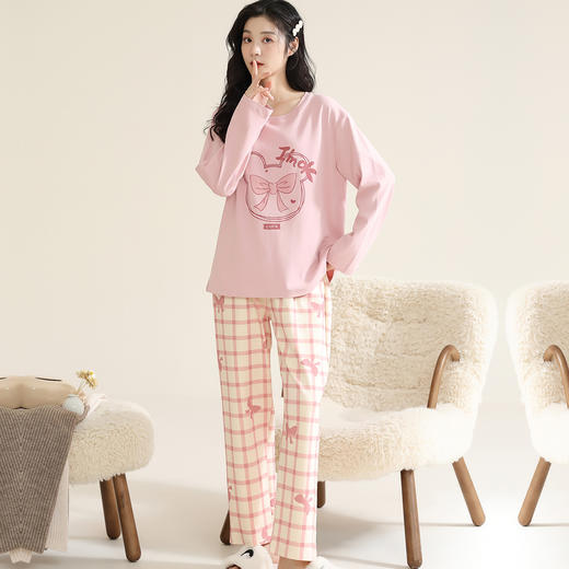 洁丽雅棉质女士大码圆领家居服个性印花舒适亲肤长袖长裤套装 商品图2