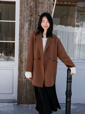 重磅羊驼绵羊混纺 H型宽松大翻领薄款呢大衣FO481323O