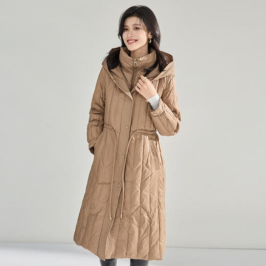 【高货sh】全新升级【铂金会员514/天猫699/差价185】(15253) 洛诗琳秋冬新款白鸭绒抽绳收腰假两件连帽立领长款羽绒服 商品图0