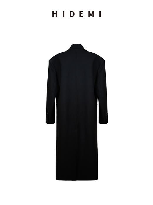 HIDEMI 节日系列进口斜纹精纺羊毛极简大廓形宽肩缎面拼接领长款西装外套大衣 商品图7