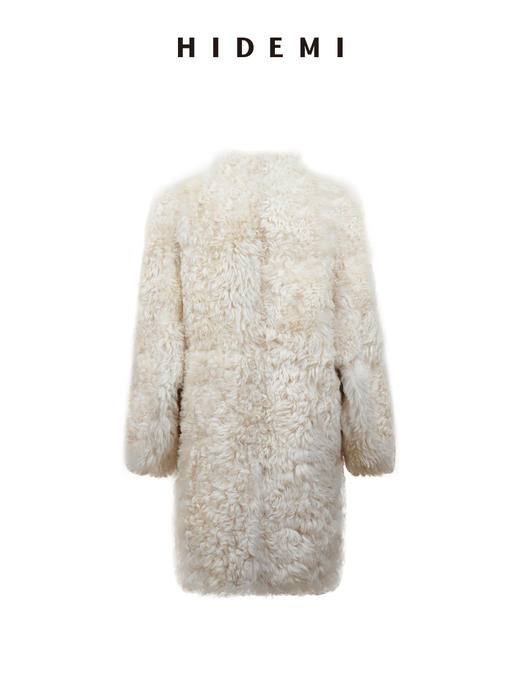 HIDEMI 节日系列进口羊羔毛小卷毛奶白色圆领大廓形皮毛一体中长款皮草大衣 商品图8