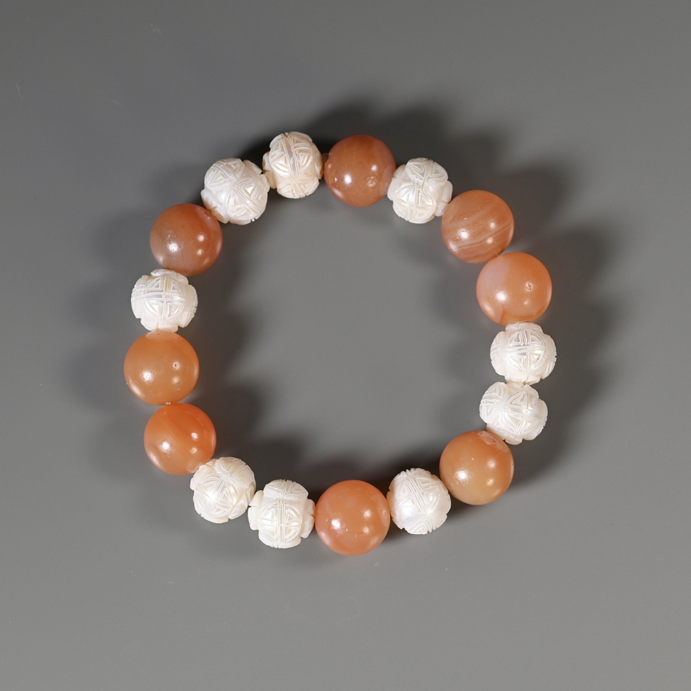 清代宫廷风团寿纹珍珠+红玛瑙手串