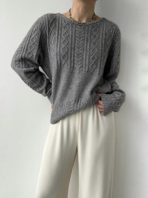 TU｜C05AW24-KW05 浣熊毛绞花圆领上衣 [ 灰GY00 / 米灰GY15 ] 商品图1