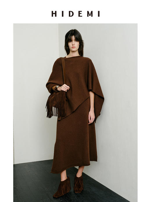 HIDEMI 节日系列澳洲进口美利奴羊毛大廓形设计感斗篷不规则半裙针织毛衣套装 斗篷/半身裙 商品图0