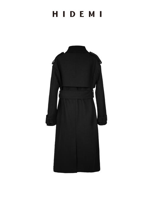 HIDEMI 节日系列进口羊麂皮拼接领极简设计感肩章宽肩大廓形可拆卸粗腰带军装感长款大衣 商品图9