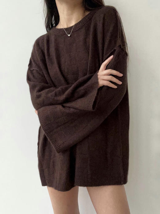 TU｜C05AW24-KW07-BR00 棕色 针织圆领格纹上衣 商品图2