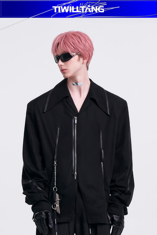 启世录TIWILLTANG“构缘异幕”设计感尖领皮嵌条白色衬衫长袖上衣 商品图5