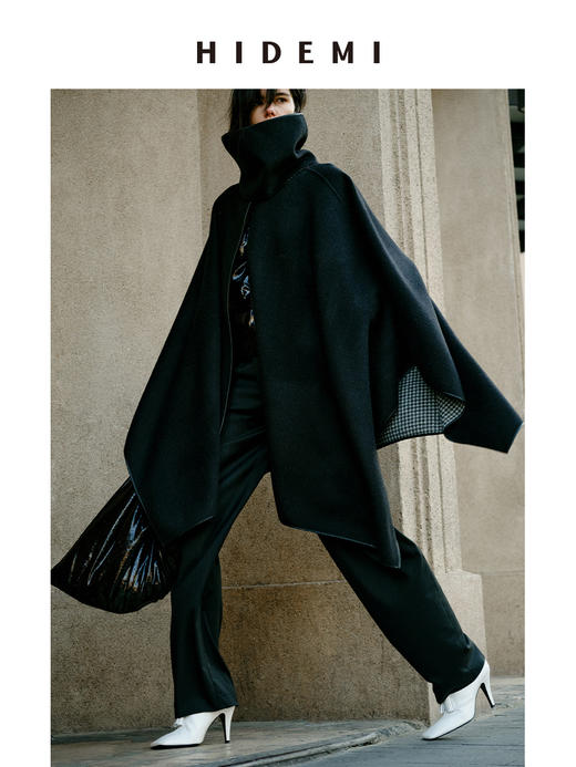 HIDEMI 节日系列进口双面双色色织格纹羊毛毛呢可拆卸分体脖套皮边设计感两面穿斗篷大衣 商品图4