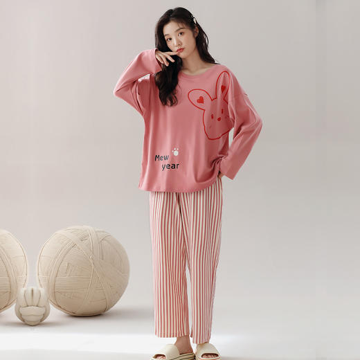 洁丽雅棉质女士大码圆领家居服个性印花舒适亲肤长袖长裤套装 商品图2