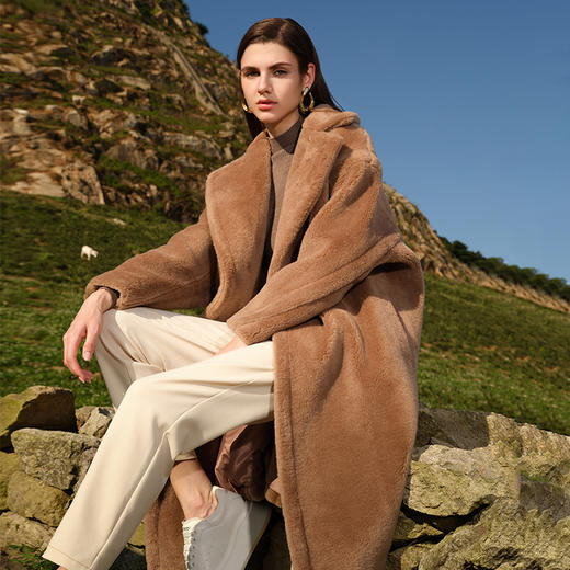 【中长款羊毛外套】24年秋冬新品女士100%绵羊毛大翻领仿皮草外套 商品图0