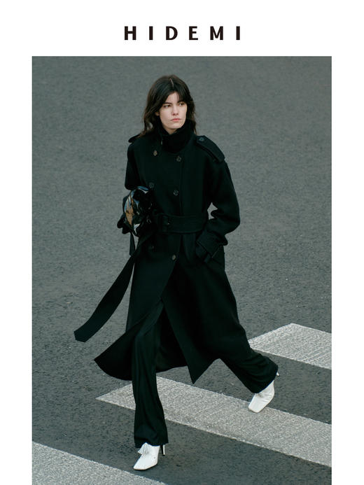 HIDEMI 节日系列进口羊麂皮拼接领极简设计感肩章宽肩大廓形可拆卸粗腰带军装感长款大衣 商品图6