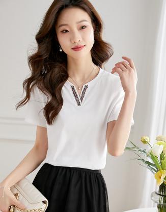 【周四狂欢价】熙世界妈妈优雅气质织带V领t恤女短袖显瘦上衣T清新百搭 商品图6
