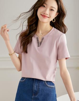 【周四狂欢价】熙世界妈妈优雅气质织带V领t恤女短袖显瘦上衣T清新百搭 商品图0