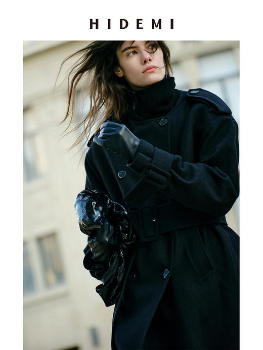 HIDEMI 节日系列进口羊麂皮拼接领极简设计感肩章宽肩大廓形可拆卸粗腰带军装感长款大衣 商品图7