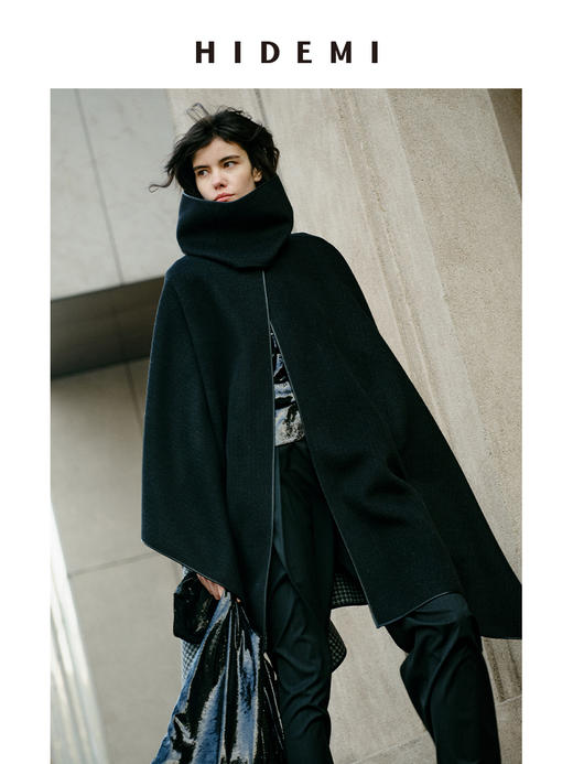 HIDEMI 节日系列进口双面双色色织格纹羊毛毛呢可拆卸分体脖套皮边设计感两面穿斗篷大衣 商品图5