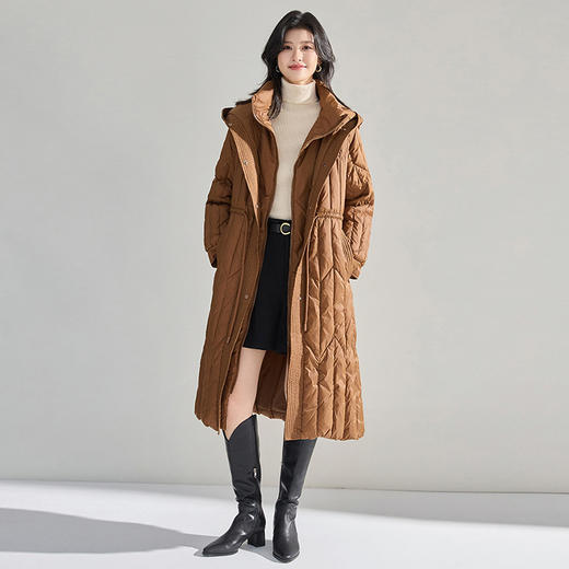 【高货sh】全新升级【铂金会员514/天猫699/差价185】(15253) 洛诗琳秋冬新款白鸭绒抽绳收腰假两件连帽立领长款羽绒服 商品图3