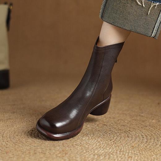 【预售5天】英伦头层羊皮短靴女粗跟秋冬复古中跟真皮加绒马丁靴棕色DPJ&7071 商品图2