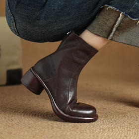 【预售5天】英伦头层羊皮短靴女粗跟秋冬复古中跟真皮加绒马丁靴棕色DPJ&7071