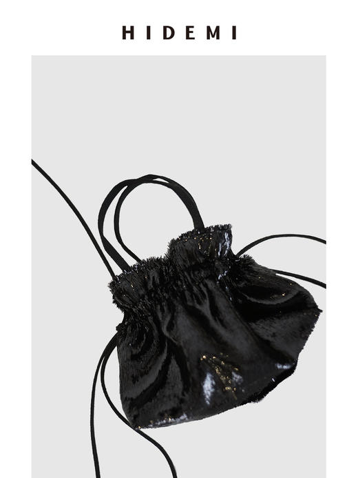 HIDEMI 节日系列艺术软雕塑感黑色亮面流苏抽绳设计感mini小水桶包 商品图3