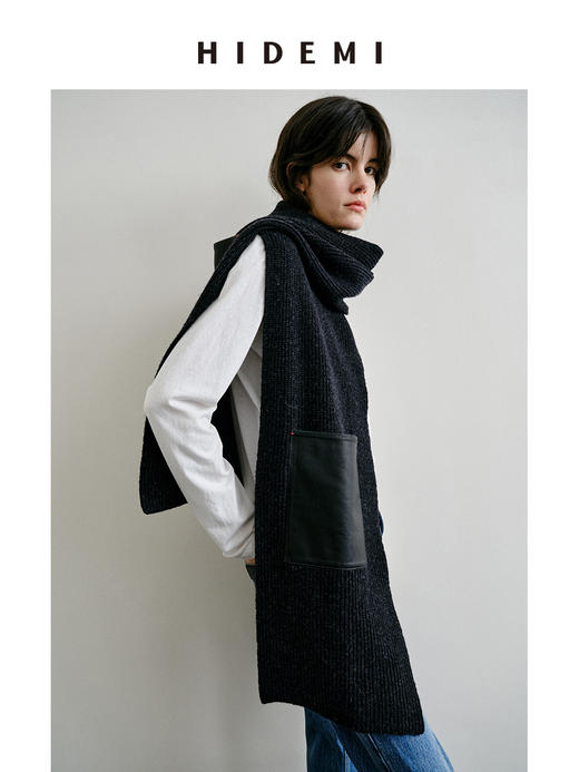 HIDEMI 节日系列进口美利奴羊毛拼接进口新西兰小羊皮拼贴口袋粗针厚款围巾 商品图1