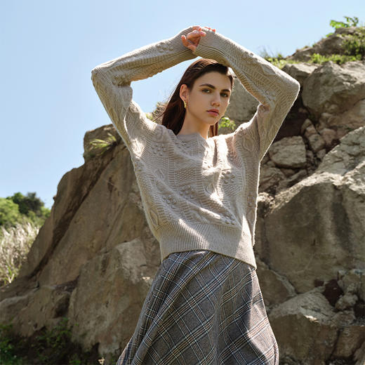 【立体绞花针织套衫】羊绒世家秋冬新品女士100%山羊绒圆领套头内搭保暖毛衣 商品图2