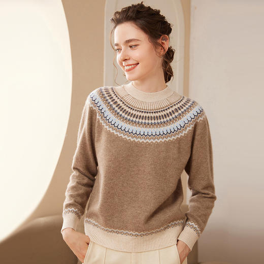 【高货QJ】全新升级【铂金会员422/天猫579/差价157】(34902) 洛诗琳民族风圆领长袖宽松厚款提花设计复古羊绒衫 商品图3