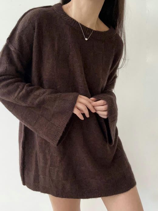 TU｜C05AW24-KW07-BR00 棕色 针织圆领格纹上衣 商品图3