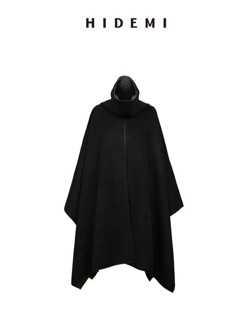 HIDEMI 节日系列进口双面双色色织格纹羊毛毛呢可拆卸分体脖套皮边设计感两面穿斗篷大衣 商品图8