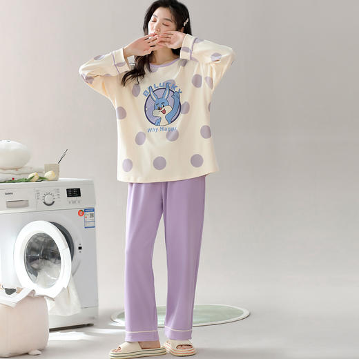 洁丽雅棉质女士大码圆领家居服个性印花舒适亲肤长袖长裤套装 商品图2