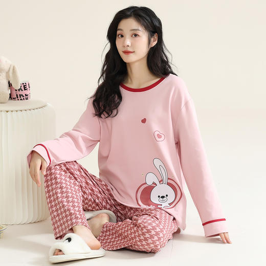 洁丽雅棉质女士大码圆领家居服个性印花舒适亲肤长袖长裤套装 商品图0