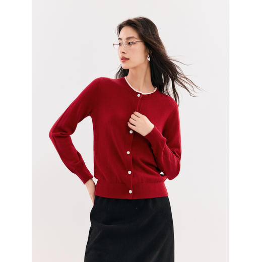 棉仓356605025-撞色边假两件长袖开衫 MIU系含羊毛针织衫简约正肩早秋外套 商品图0