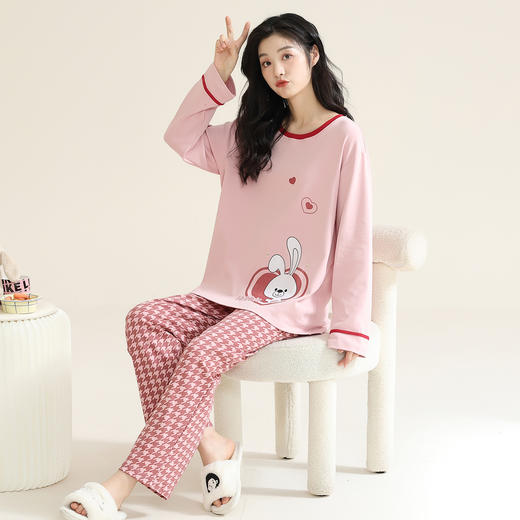 洁丽雅棉质女士大码圆领家居服个性印花舒适亲肤长袖长裤套装 商品图1