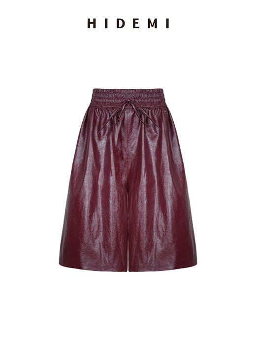 HIDEMI 【当当同款】节日系列进口特殊涂层环保蛋白皮设计感松紧腰抽身褶皱宽松男朋友中裤    勃艮第酒红/橄榄绿 商品图14