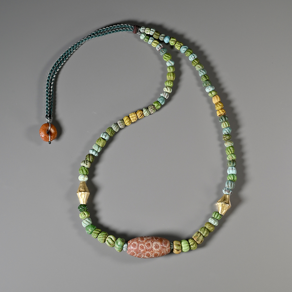 远古生物化石珠+古罗马压花琉璃珠项链