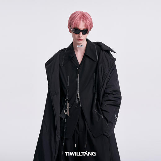 启世录TIWILLTANG“构缘异幕”设计感尖领皮嵌条白色衬衫长袖上衣 商品图2