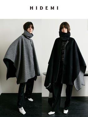 HIDEMI 节日系列进口双面双色色织格纹羊毛毛呢可拆卸分体脖套皮边设计感两面穿斗篷大衣