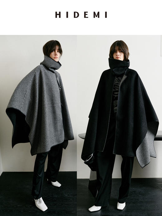 HIDEMI 节日系列进口双面双色色织格纹羊毛毛呢可拆卸分体脖套皮边设计感两面穿斗篷大衣 商品图0