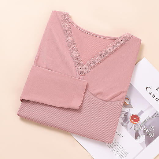 雅黛丽保暖内衣女蕾丝V领高弹显瘦打底衣2023年新款内搭薄款上衣 商品图6