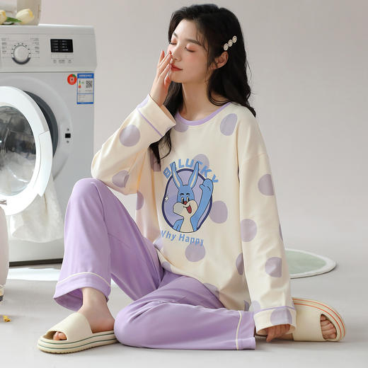 洁丽雅棉质女士大码圆领家居服个性印花舒适亲肤长袖长裤套装 商品图0