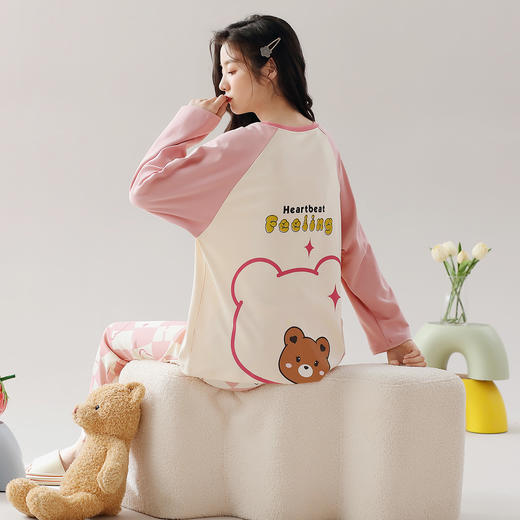 洁丽雅棉质女士大码圆领家居服个性印花舒适亲肤长袖长裤套装 商品图1