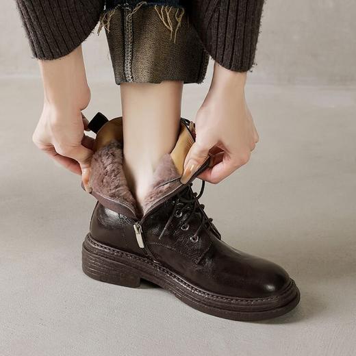 【预售5天】法式内侧拉链系带马丁靴秋冬新款羊羔毛保暖复古显瘦圆头平底短靴女NGMZR&7965 商品图1