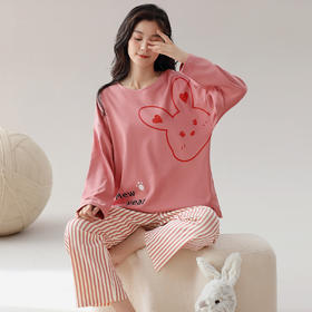 洁丽雅棉质女士大码圆领家居服个性印花舒适亲肤长袖长裤套装