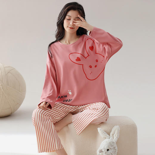 洁丽雅棉质女士大码圆领家居服个性印花舒适亲肤长袖长裤套装 商品图0