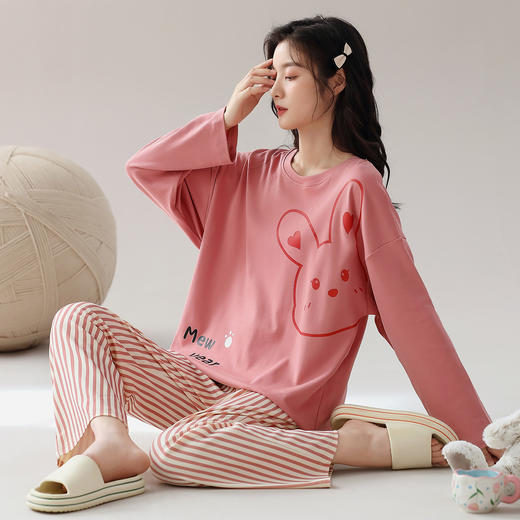 洁丽雅棉质女士大码圆领家居服个性印花舒适亲肤长袖长裤套装 商品图1