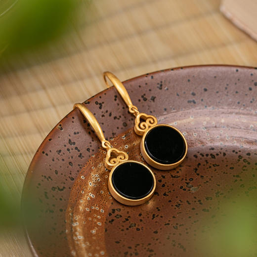 S925纯银镀金天然和田墨玉个性如意平安扣耳坠CW 商品图0